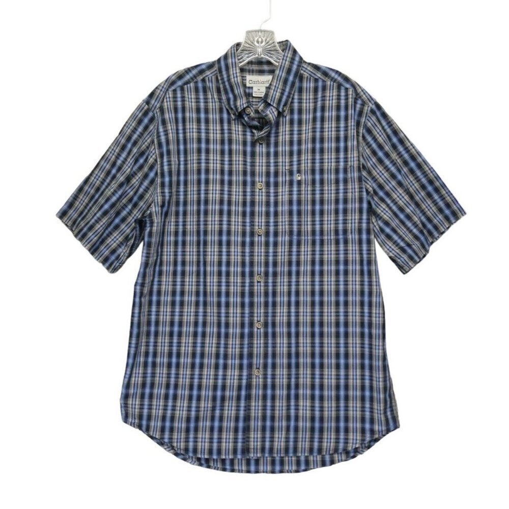 Carhartt Shirt Mens Sz M Short Sleeve Plaid Button Front Pocket Casual Blue Gray